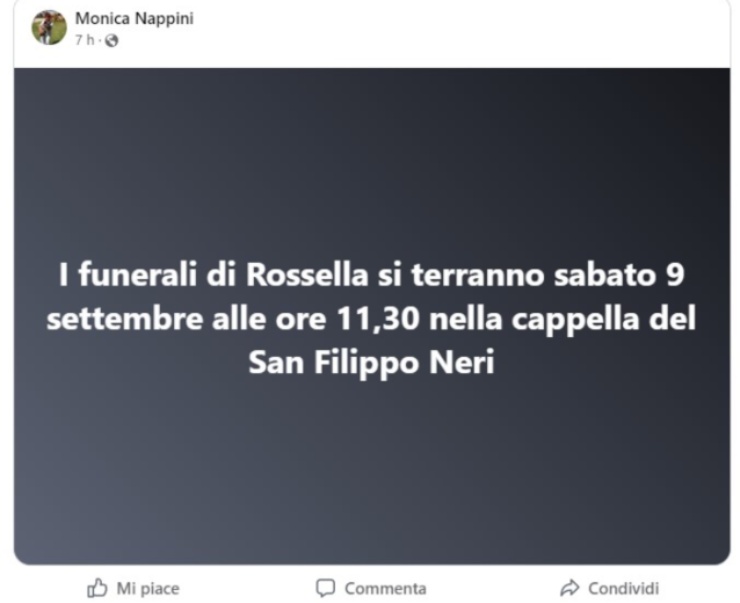 Il post con l'annuncio dei funerali di Rossella Nappini. Fonte Facebook, Monica Nappini