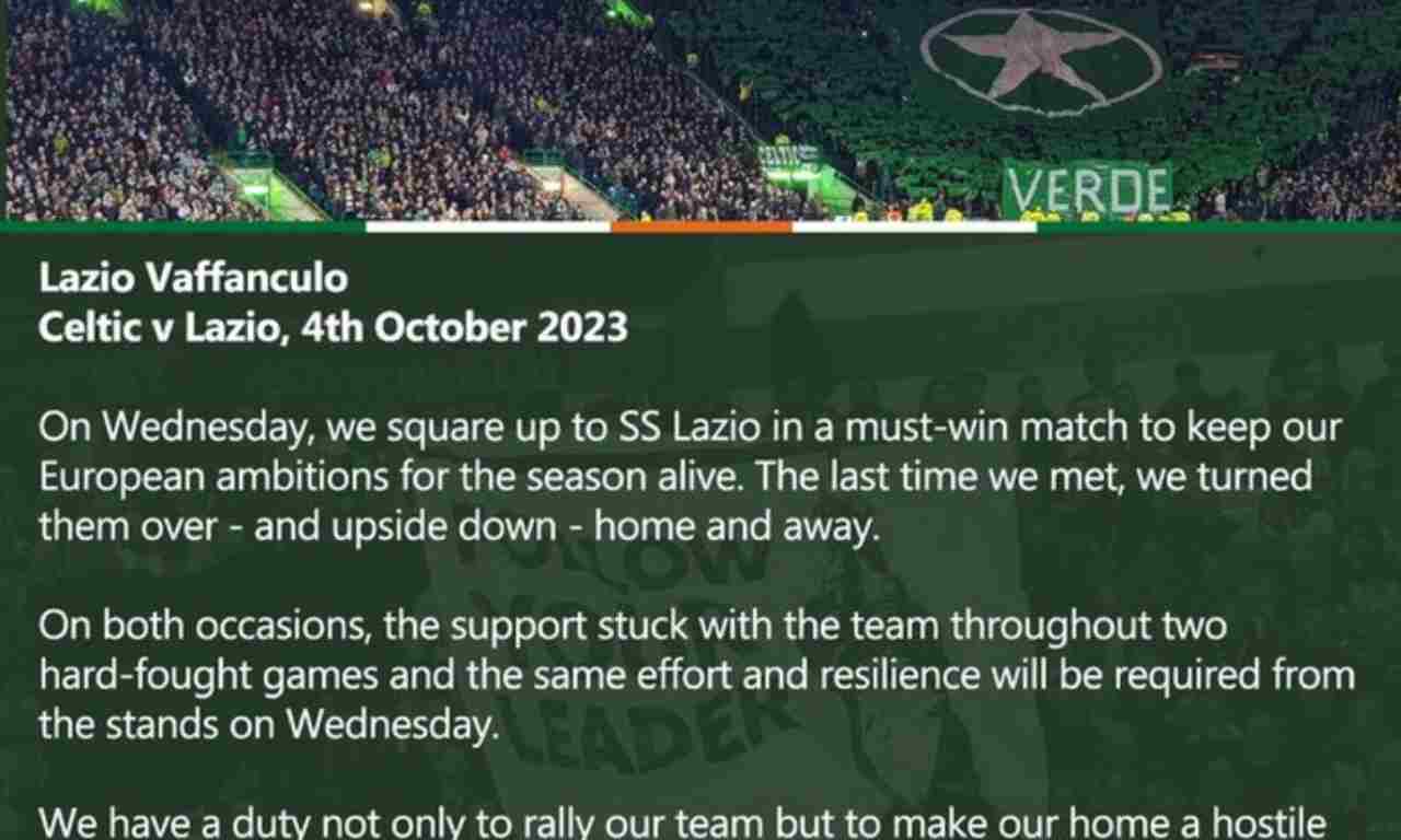 Il post del Celtic per annunciare l'incontro con la Lazio. Roma-CronacaLIve.it